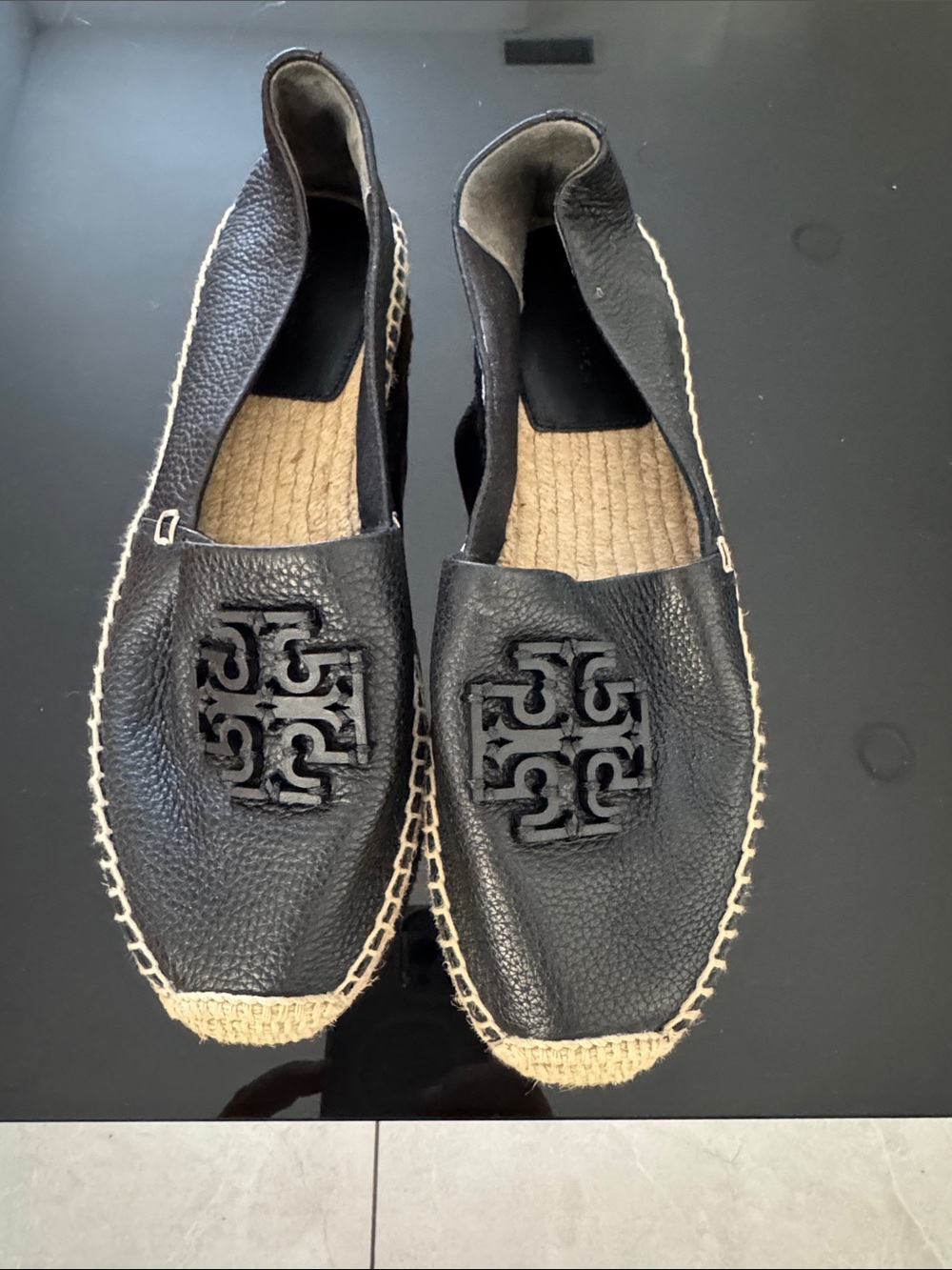 Tory Burch Black Leather Espadrille Slip-Ons with Logo Cutout